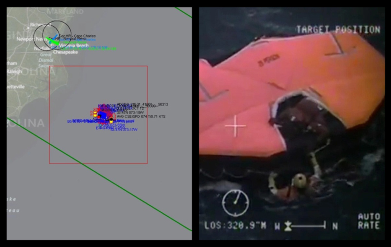 (Right Image) Screen shot of computer monitor showing the Coast Guard’s HMS Bounty search area on October 30, 2012. (U.S. Coast Guard). (Left Image) Helicopter hoist camera image shows a rescue swimmer in the water preparing to evacuate Bounty crew survivors from an inflatable lifeboat. (DVIDS) (Right Image) Screen shot of computer monitor showing the Coast Guard’s HMS Bounty search area on October 30, 2012. (U.S. Coast Guard). (Left Image) Helicopter hoist camera image shows a rescue swimmer in the water preparing to evacuate Bounty crew survivors from an inflatable lifeboat. (DVIDS)